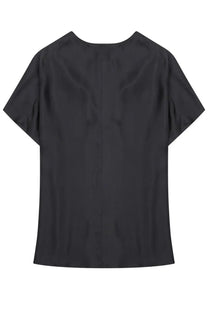 Alysi women’s blusa black short-sleeved top with smooth shiny twill di seta fabric and rounded neckline