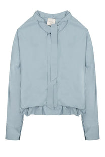 Alysi women’s light blue long-sleeved blouse with ruffled hem and tie-front collar in soft fabric
