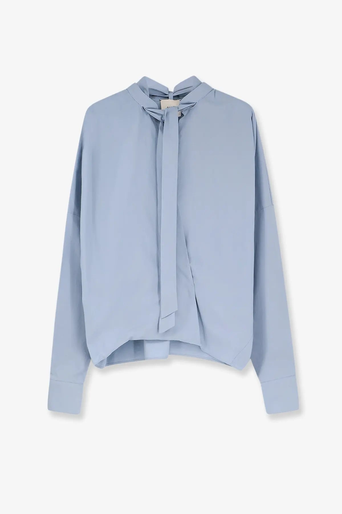 Alysi women’s cotton shirt cielo in soft light blue with flowing silhouette and delicate tie-neck detail