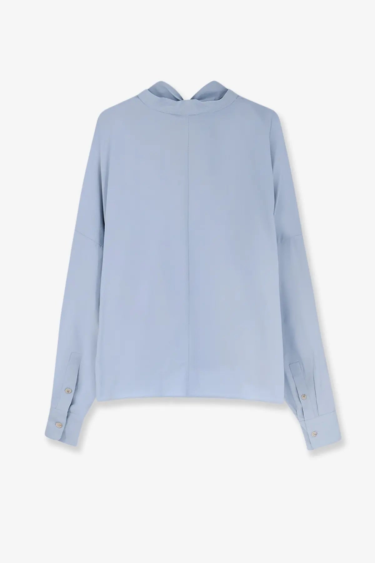 Alysi women’s cotton shirt cielo in soft light blue silk with subtle sheen and elegant oversized long sleeves