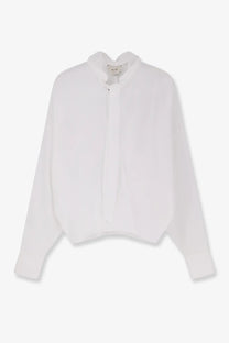 Alysi women’s white cotton shirt with a lightweight flowing fabric and a distinctive high collar