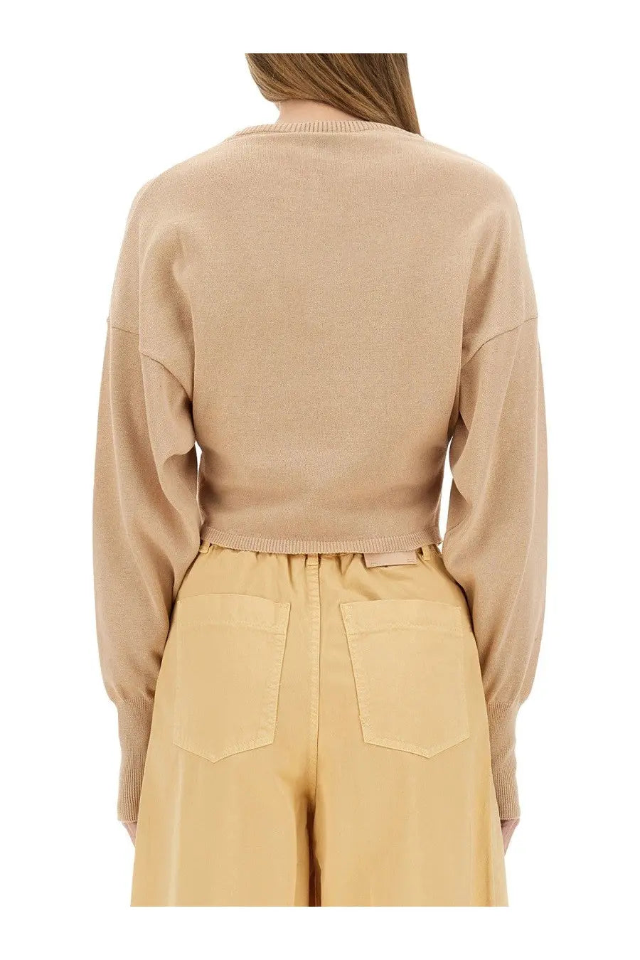Alysi women’s beige cropped knit sweater with ribbed cuffs and hem in a soft fabric design