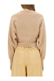 Alysi women’s beige cropped knit sweater with ribbed cuffs and hem in a soft fabric design