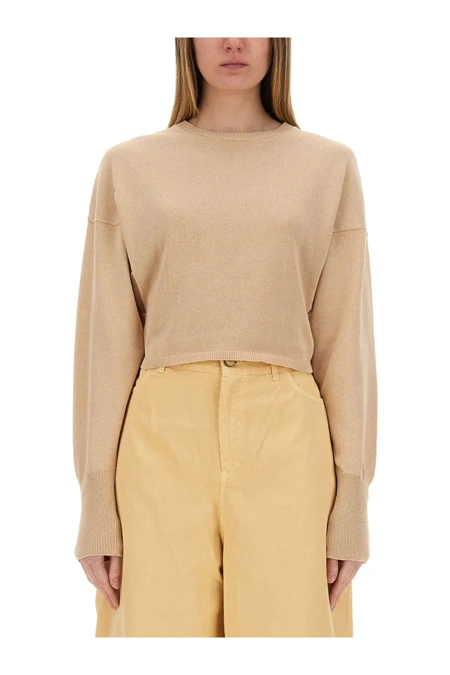 Alysi women’s beige cropped knit sweater with ribbed cuffs and hem in a soft comfortable fabric