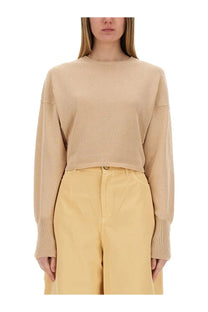 Alysi women’s beige cropped knit sweater with ribbed cuffs and hem in a soft comfortable fabric