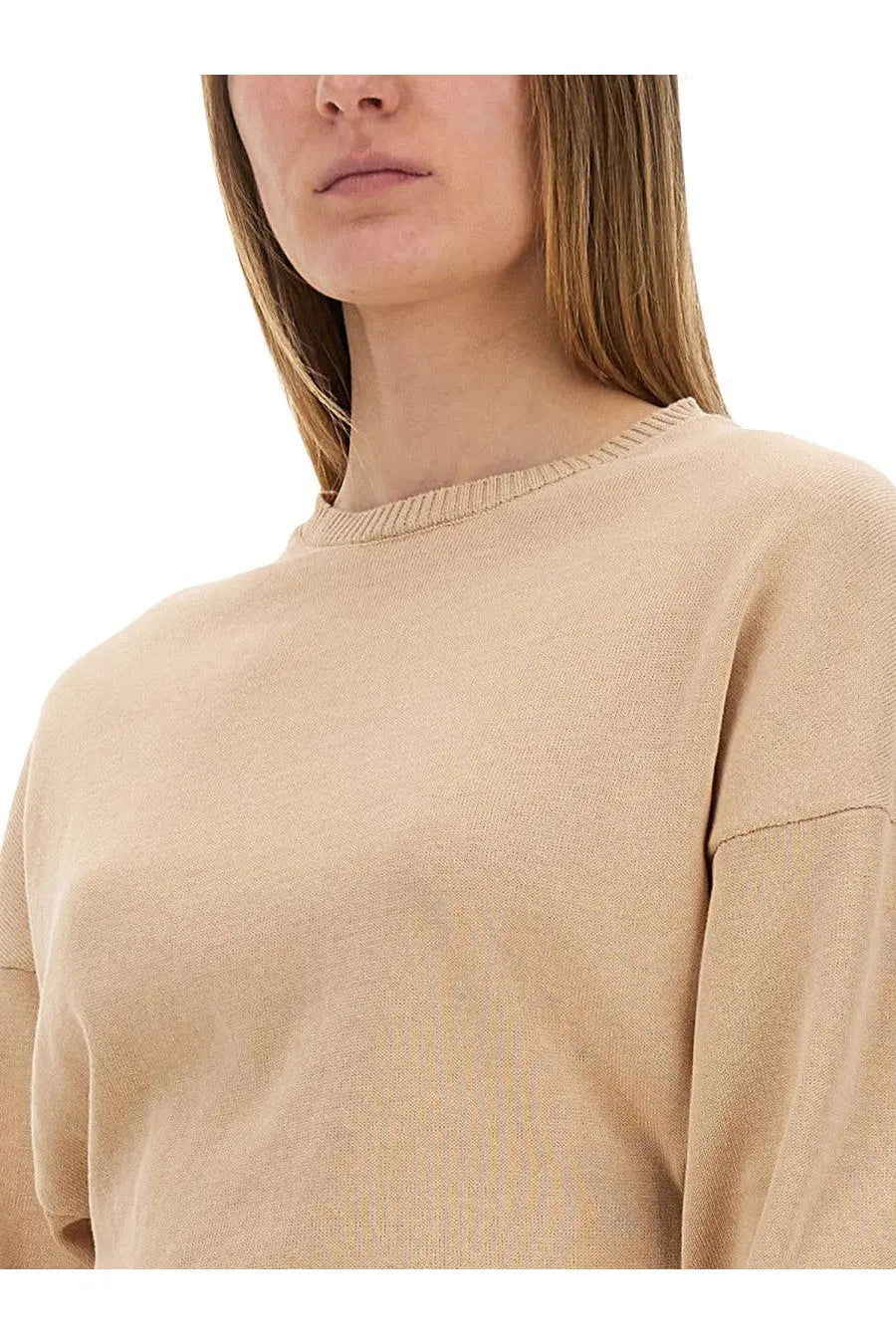 Alysi women’s beige knit sweater with ribbed crew neckline and relaxed fit cropped shirt style