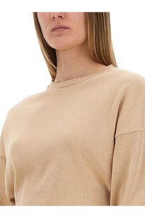 Alysi women’s beige knit sweater with ribbed crew neckline and relaxed fit cropped shirt style