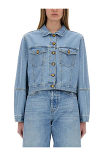 Alysi women’s light-wash denim jacket with classic collar front button closure and two chest pockets in blue