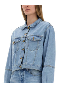 Alysi women’s light-wash denim cropped jacket with brown buttons and classic chest pockets in blue
