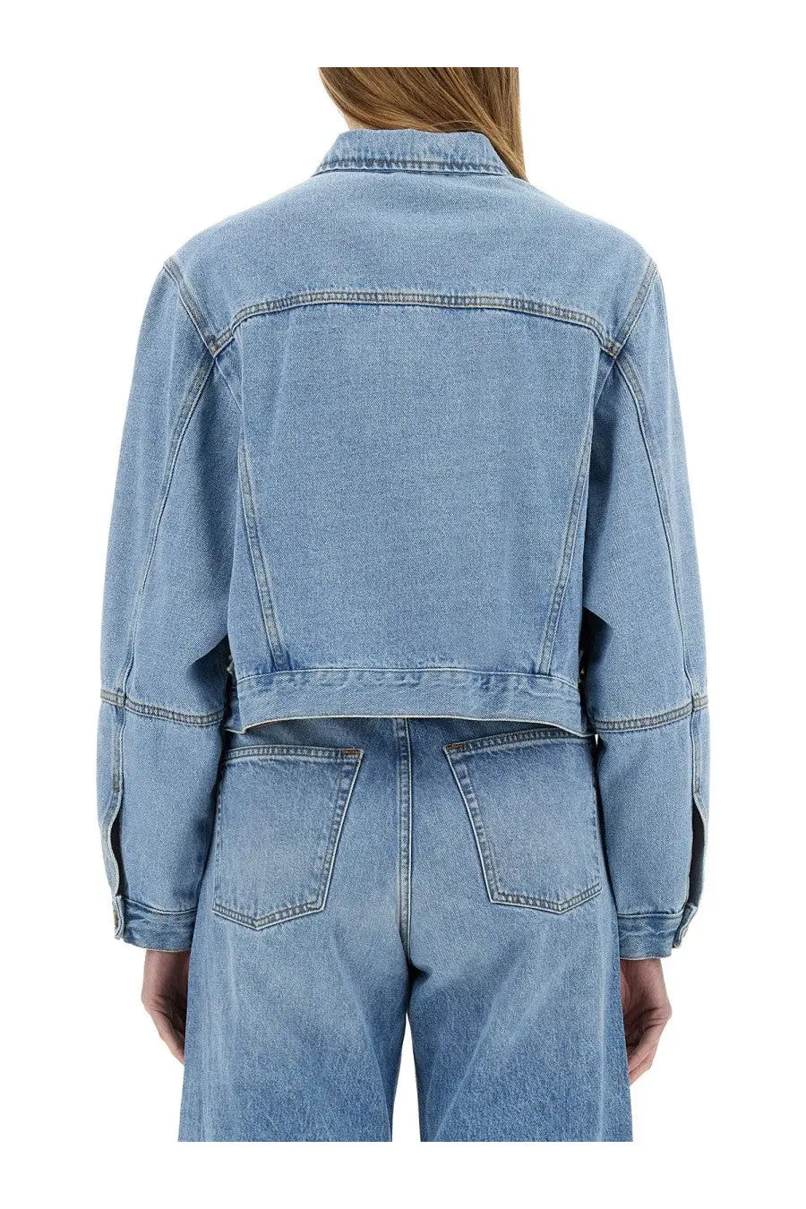 Light-wash denim cropped jacket with classic stitching and patch pockets from alysi womens denim jacket blue collection