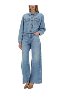Alysi women’s light-wash denim jacket blue with gold-tone buttons and chest pockets paired with wide-leg jeans