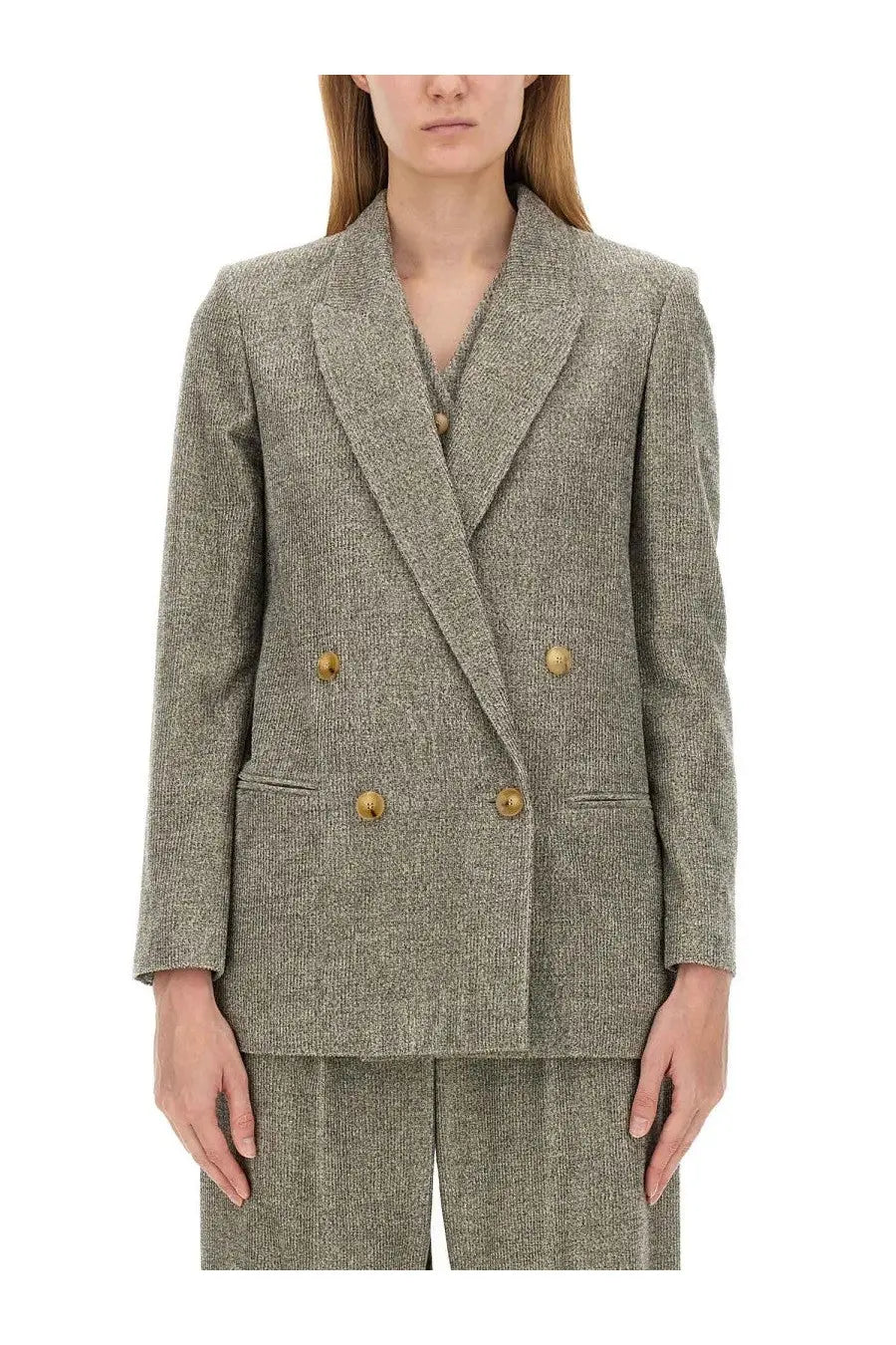 Alysi women’s tailored double-breasted grey wool blend blazer with textured fabric and gold-toned buttons