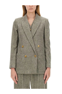 Alysi women’s tailored double-breasted grey wool blend blazer with textured fabric and gold-toned buttons