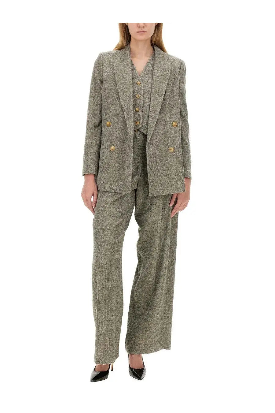 Alysi women’s double breasted jacket grey in olive green tweed with gold tone buttons tailored blazer design