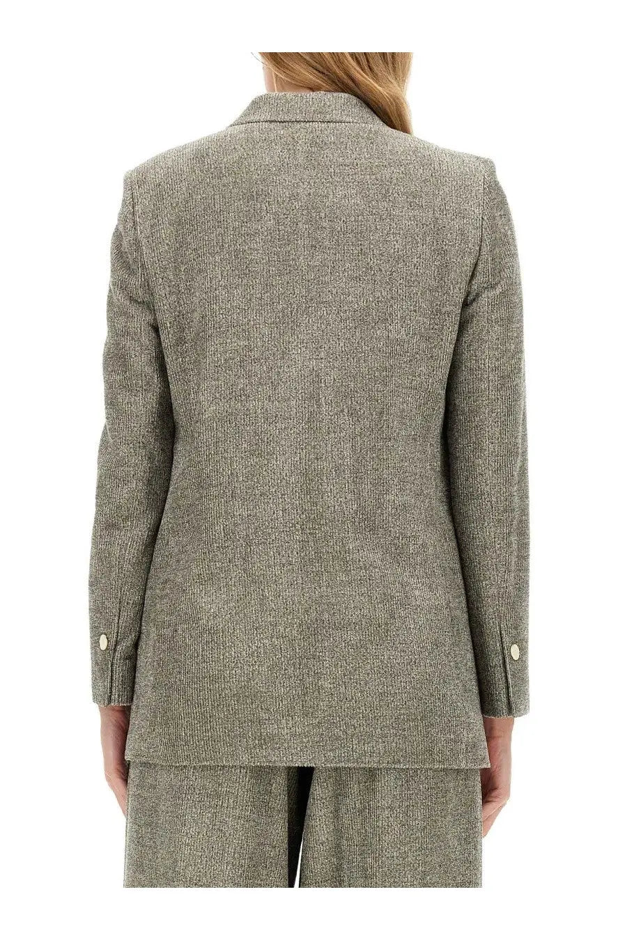 Alysi women’s double breasted jacket in olive green textured tweed with classic collar and buttoned cuffs