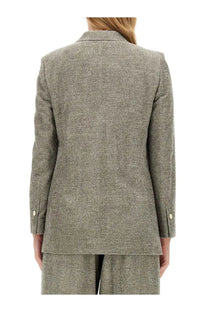Alysi women’s double breasted jacket in olive green textured tweed with classic collar and buttoned cuffs