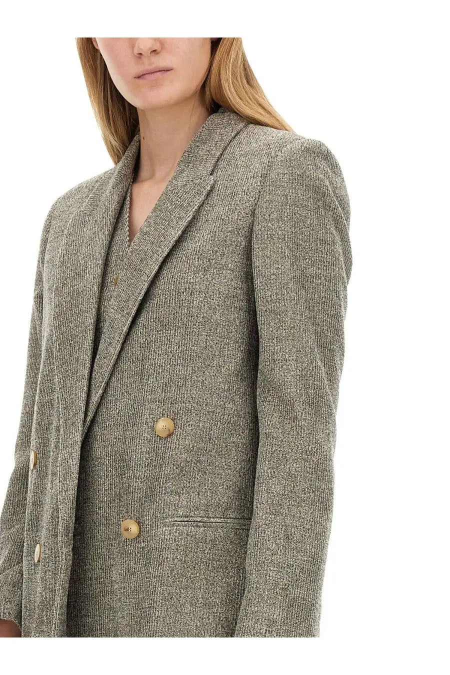 Alysi women’s double breasted olive green textured blazer with gold buttons for stylish formal wear