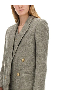 Alysi women’s double breasted olive green textured blazer with gold buttons for stylish formal wear
