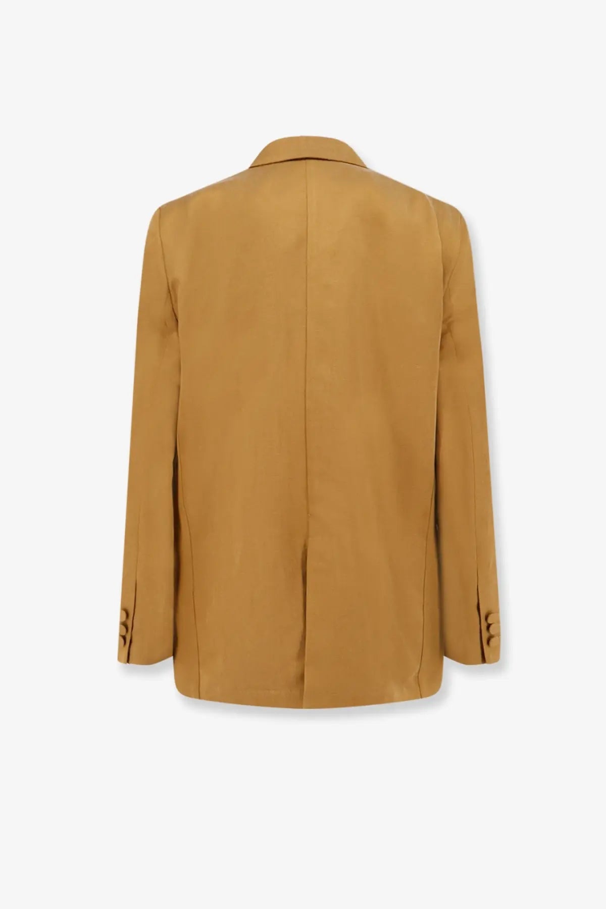Alysi women’s camel-colored double breasted lyocell and linen blazer with tailored fit and button cuffs