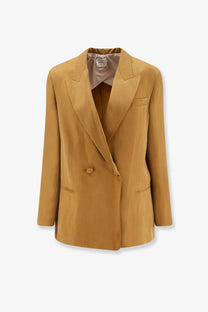 Alysi women’s double breasted mustard yellow lyocell and linen blazer with sleek design and subtle stitching details
