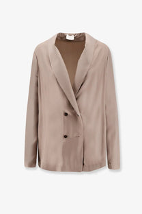 Alysi women’s double breasted silk blazer in taupe with black buttons and a smooth satin finish