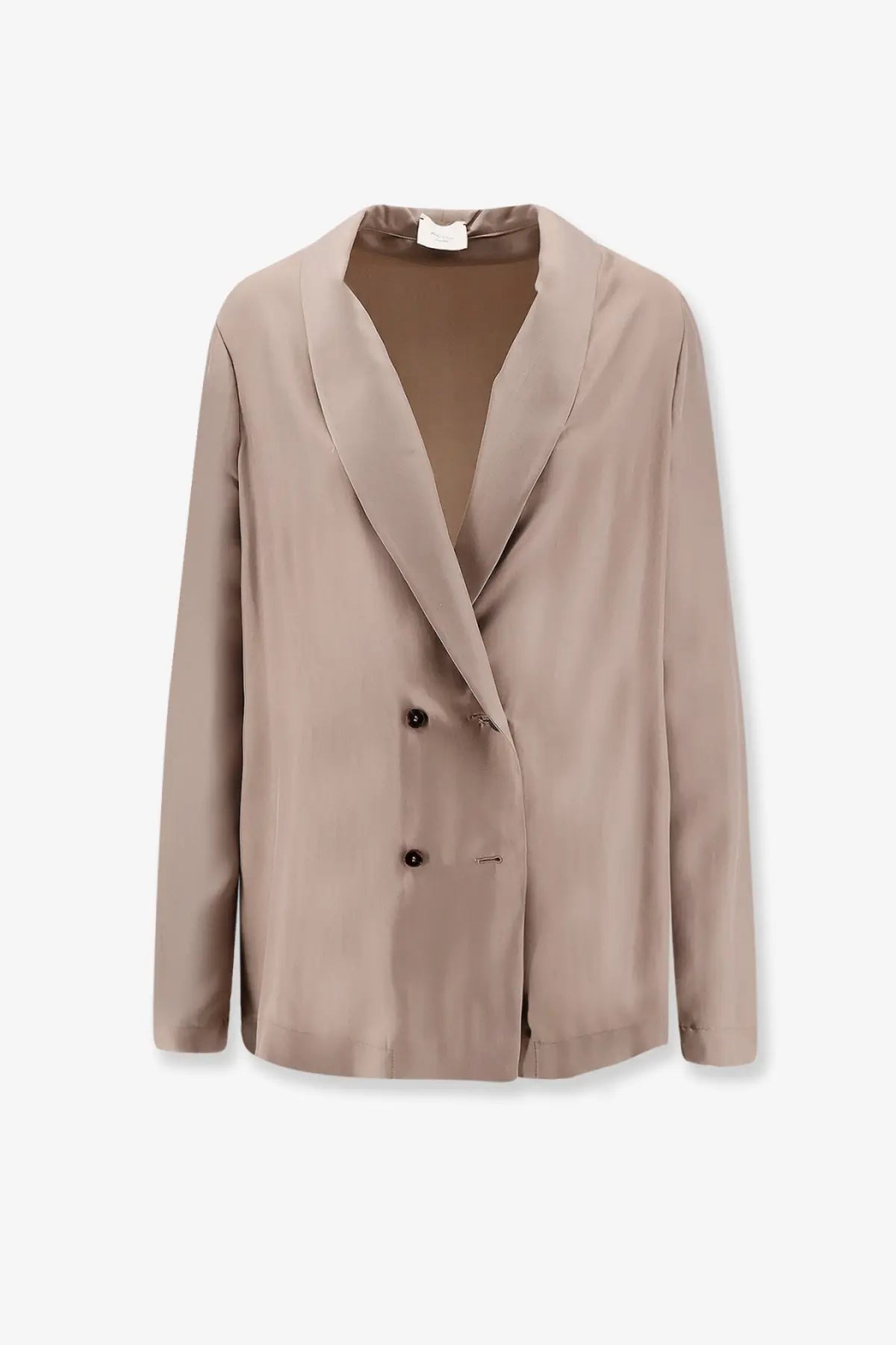 Alysi women’s double breasted taupe silk blazer with satin finish and black buttons in beige shade