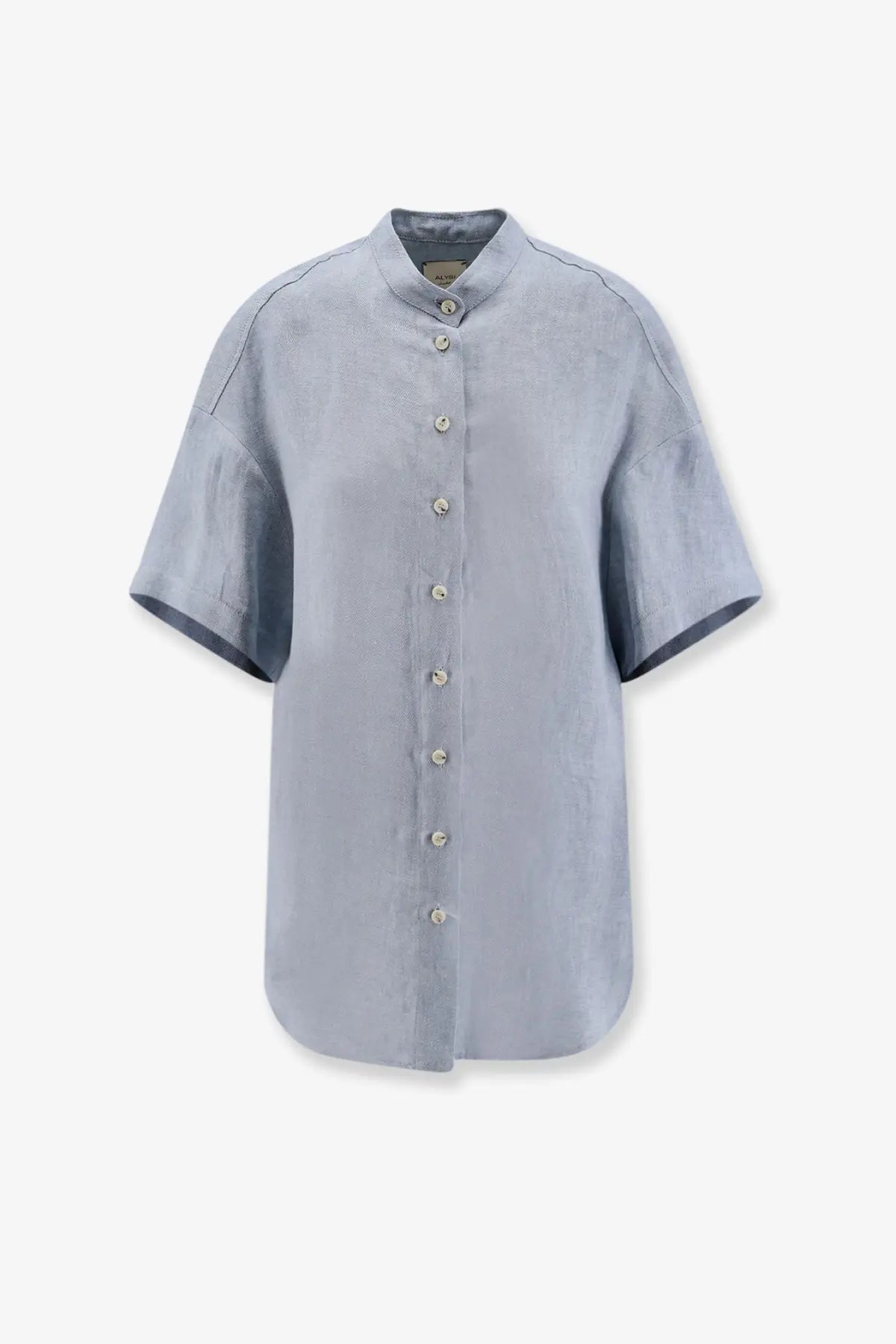 Light blue Alysi women’s Élavé linen short-sleeved shirt with mandarin collar and silver buttons