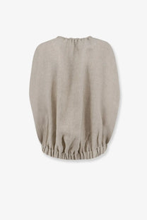 Beige linen blouse with gathered neckline and hem paired with alysi women’s èlavé linen sleeveless jacket grezzo