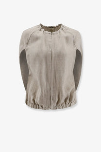 Alyssi womens élavé beige linen sleeveless jacket with ruffled neckline and contrasting darker sleeve panels