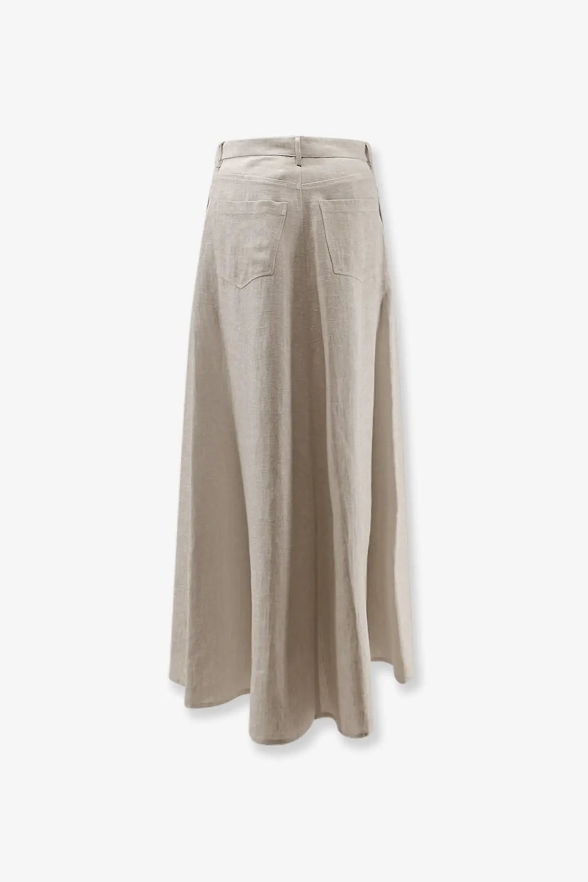Beige alysi women’s flared linen maxi skirt with relaxed flowing silhouette and classic back pockets shown from back