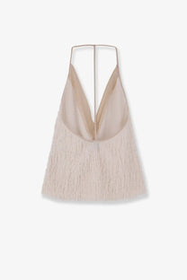 Alysi women’s beige halter top with deep v-neckline and delicate fringe detailing at the bottom hem