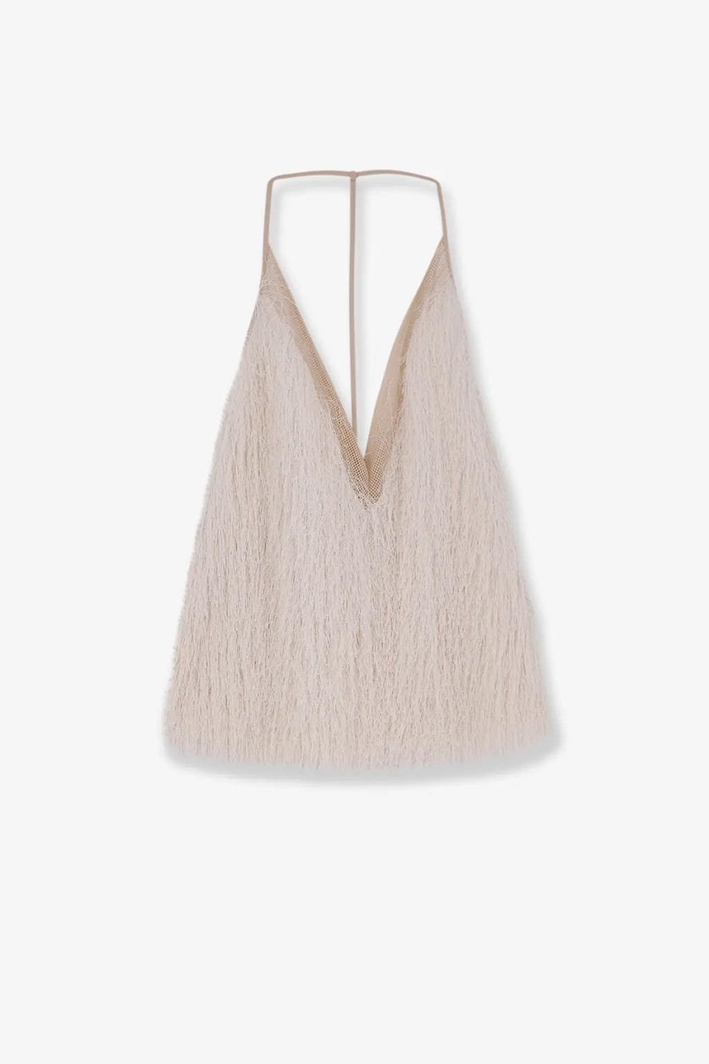 Alysi women’s beige fringed halter top meringa with deep v-neckline and thin straps made of delicate fabric