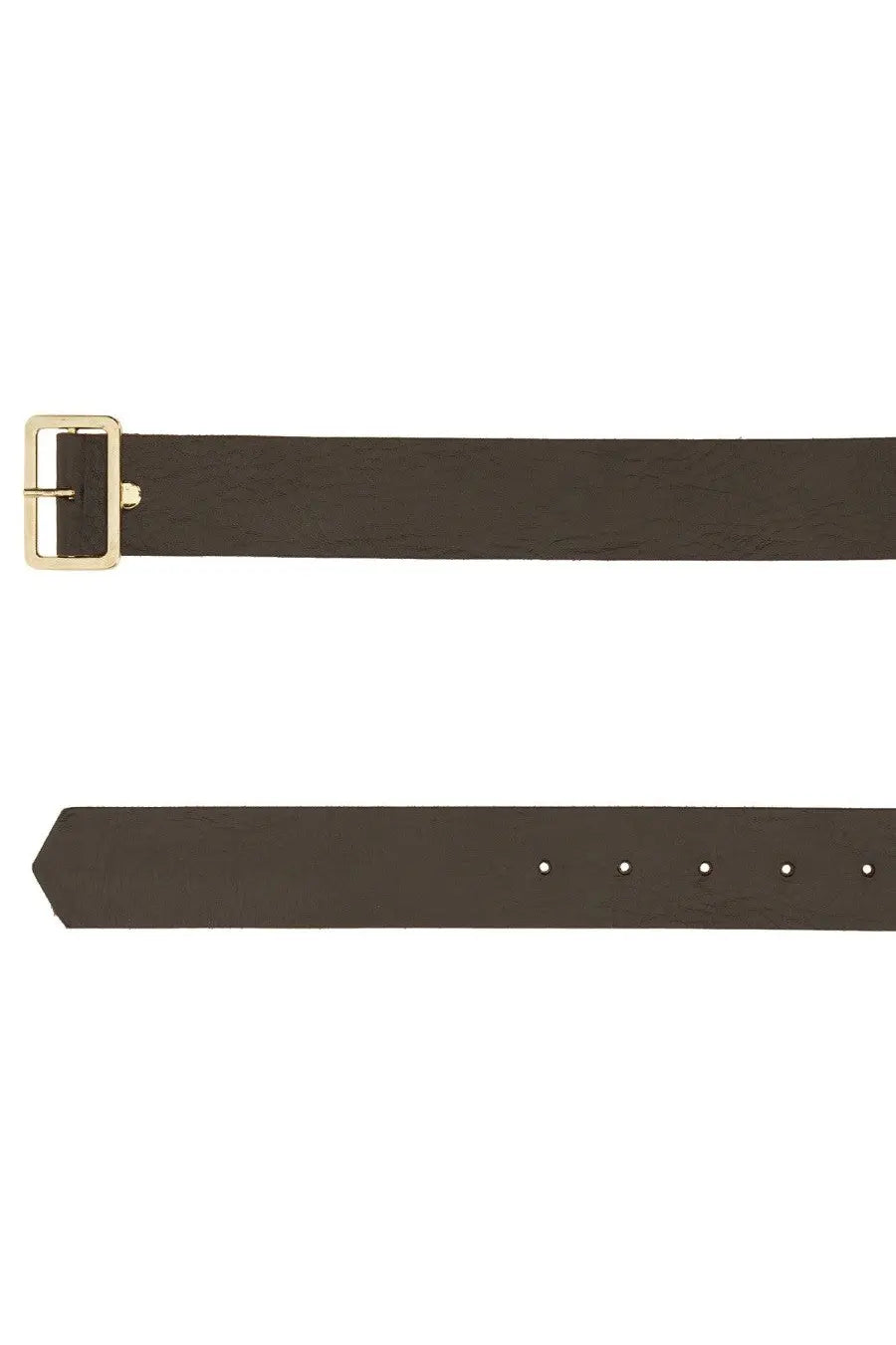 Alysi women’s dark brown leather belt with gold-toned rectangular buckle and evenly spaced metal eyelets