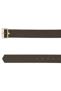 Alysi women’s dark brown leather belt with gold-toned rectangular buckle and evenly spaced metal eyelets