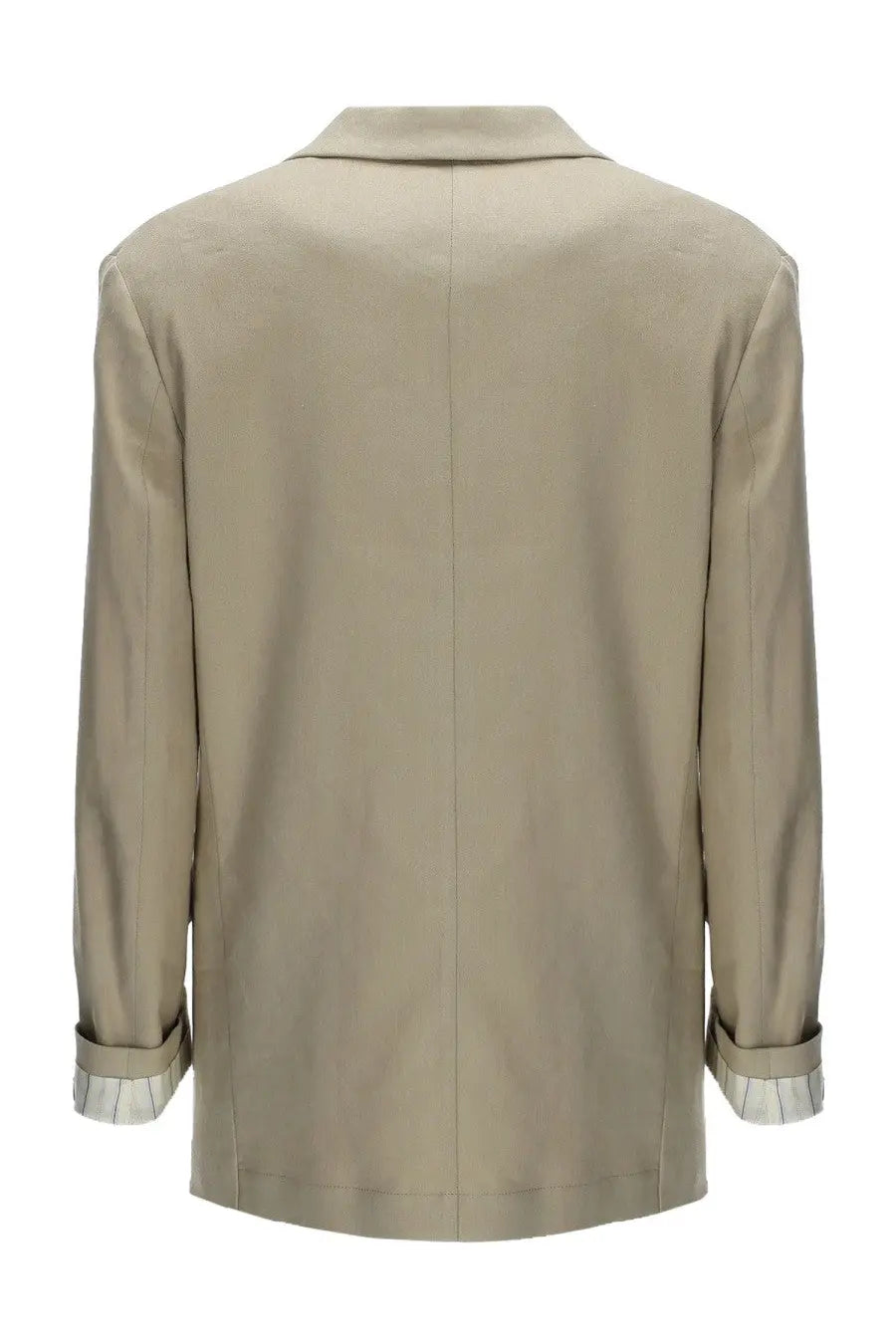 Alysi women’s beige linen blend blazer with classic collar and rolled-up sleeves showing striped cuffs