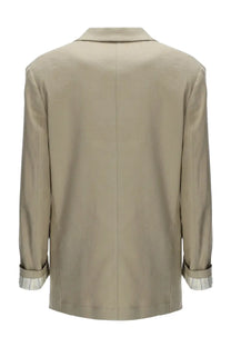 Alysi women’s beige linen blend blazer with classic collar and rolled-up sleeves showing striped cuffs