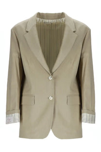 Alysi women’s beige linen blend blazer with subtle vertical pleating on the inner lining and striped cuffs