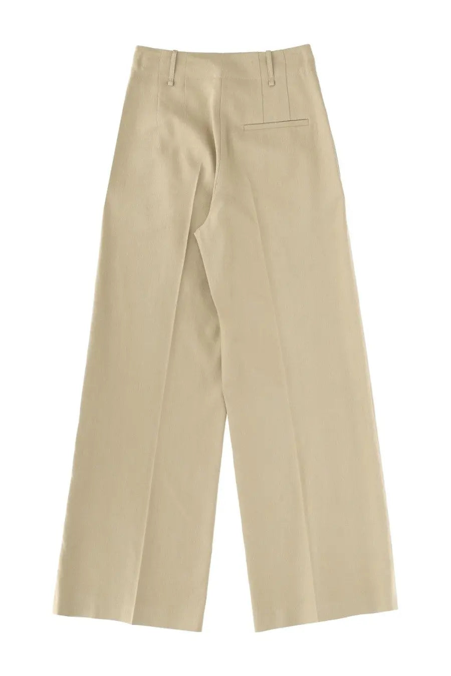 Beige wide-leg alysi women’s linen blend tailored pants with clean design and subtle back pleats shown from the back