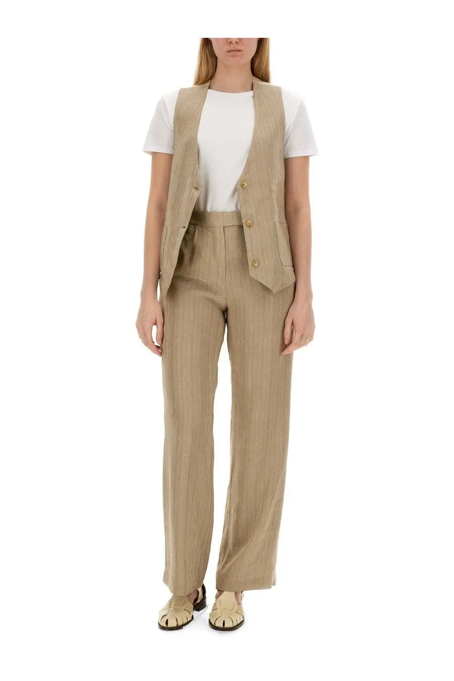 Beige linen blend vest with gold tone buttons and front pockets paired with alysi women’s brown linen pants