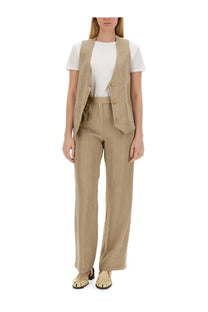 Beige linen blend vest with gold tone buttons and front pockets paired with alysi women’s brown linen pants
