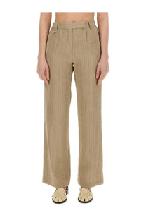 Alysi women’s brown linen pants with beige wide-leg ribbed trousers featuring a tailored fit
