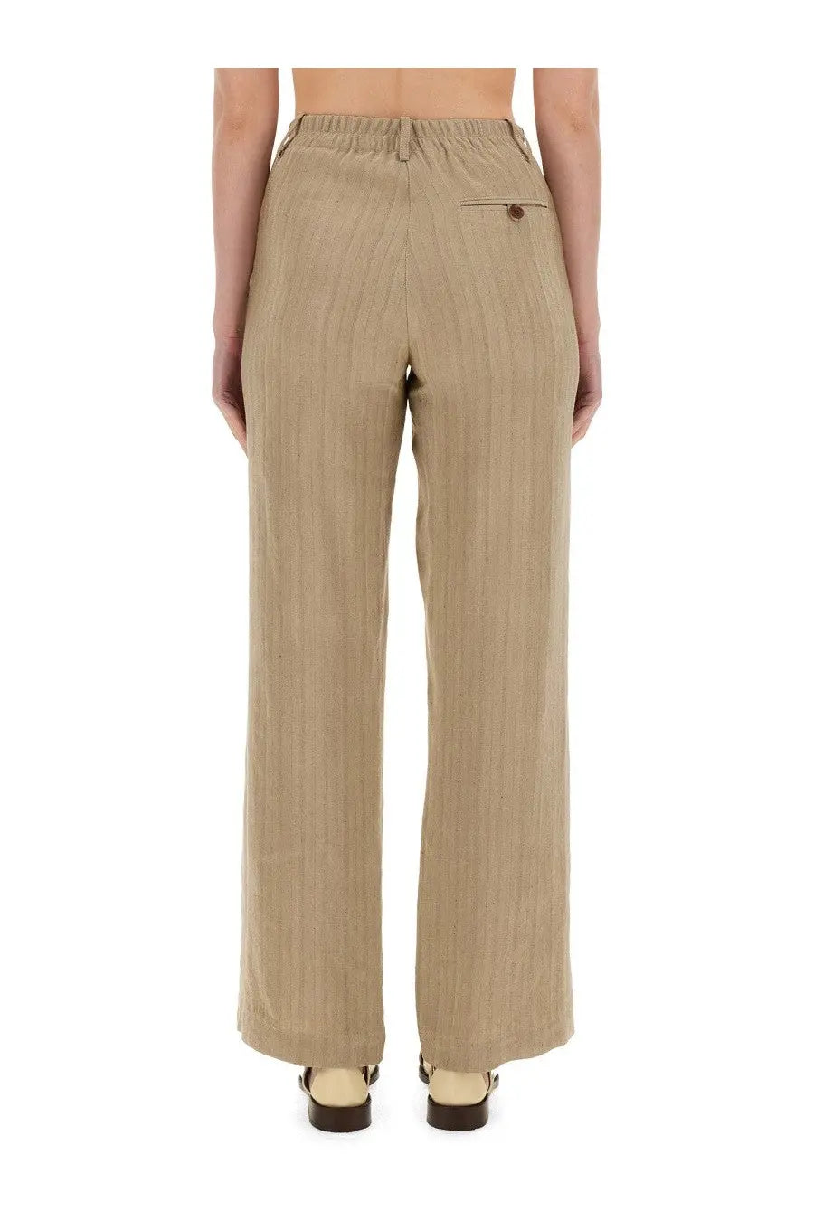 Beige alysi women’s linen pants with wide-leg cut vertical ribbed texture and elastic waistband