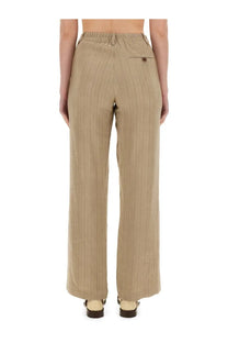 Beige alysi women’s linen pants with wide-leg cut vertical ribbed texture and elastic waistband