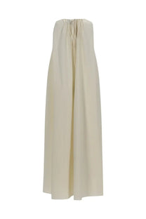 Alysi women’s long cotton dress white cream-colored flowing maxi dress with gathered neckline and relaxed silhouette