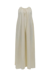 Alysi women’s long cotton dress white flowing off-white sleeveless maxi dress with gathered neckline and soft drape