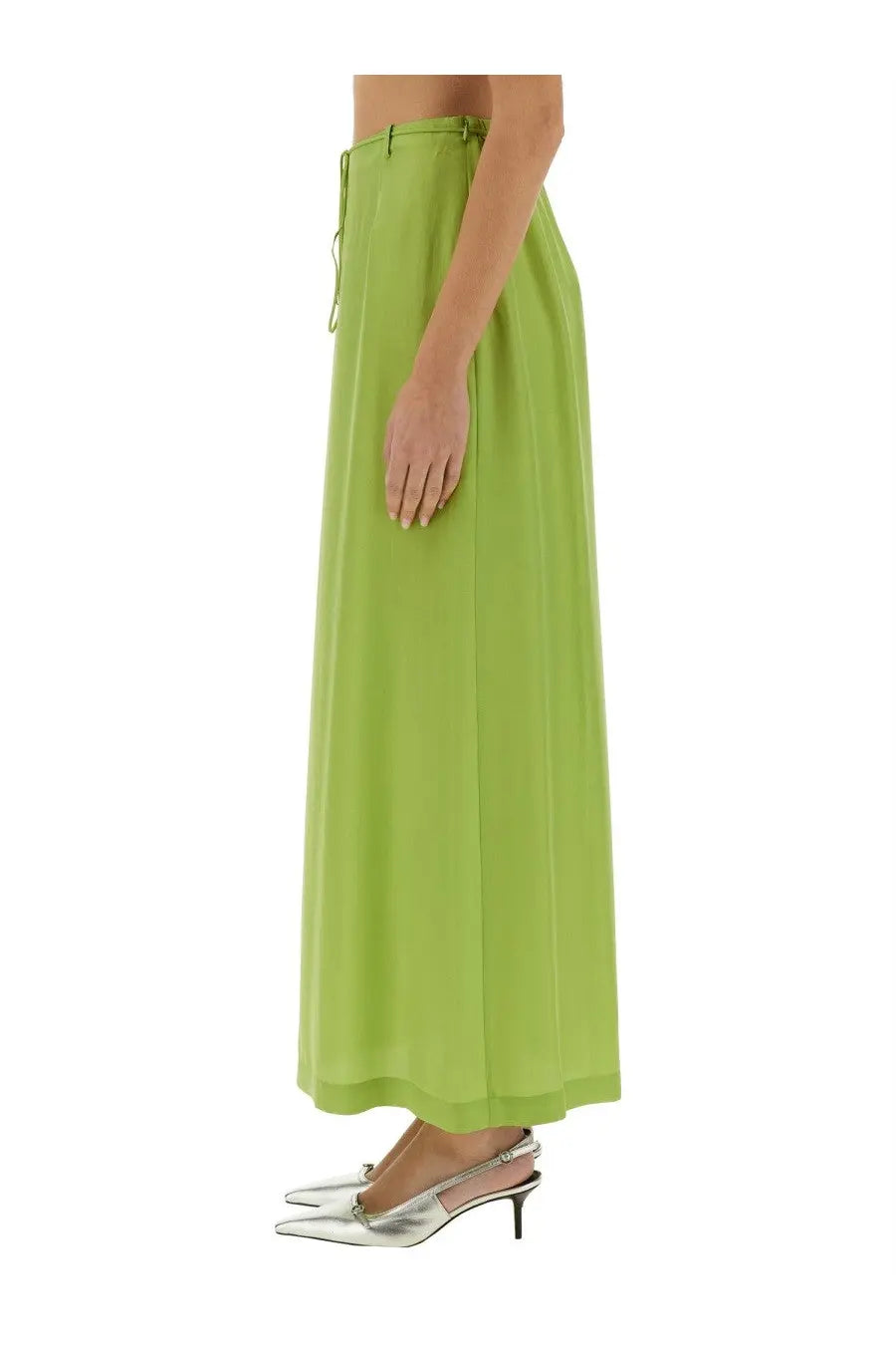 Alysi women’s long silk skirt in flowing lime green with high waist and side tie detail