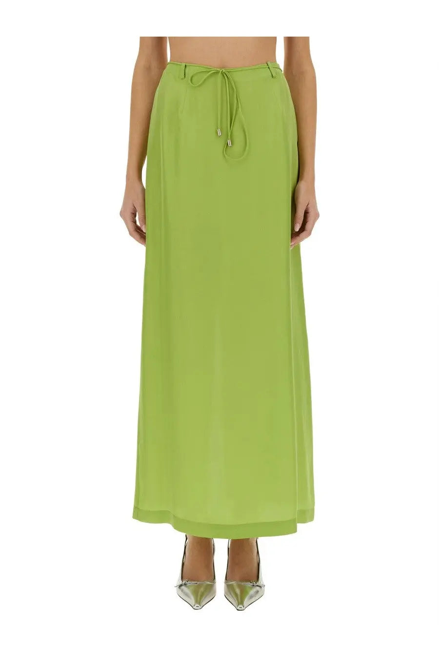 Alysi women’s long silk skirt in flowing lime green with a drawstring waistband for comfortable fit