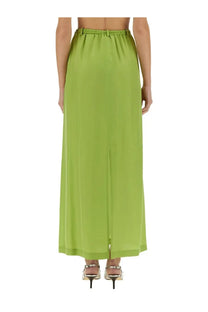 Alysi women’s long silk skirt in lime green with high-waisted elastic waistband and central front slit
