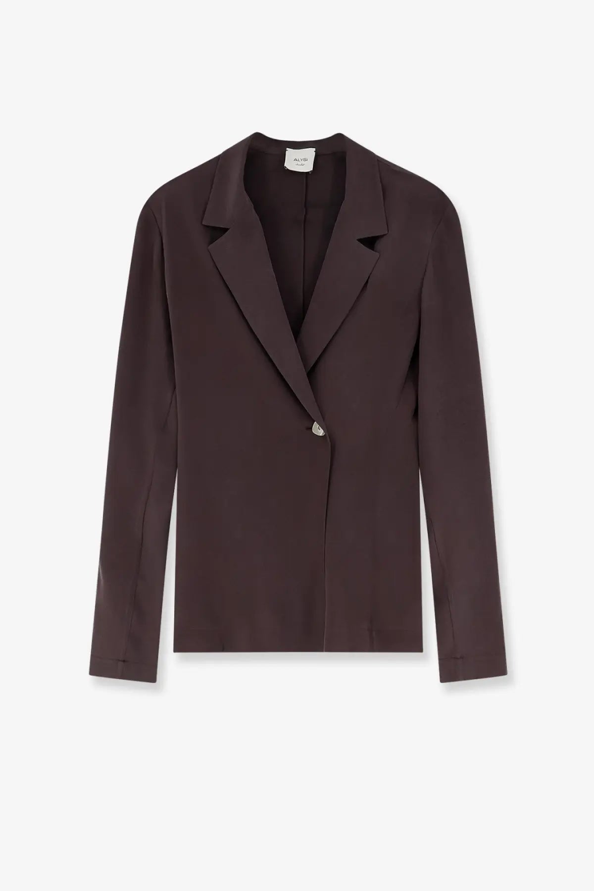 Alysi women’s loose silk blazer choco in dark brown with a minimalist design and subtle sheen