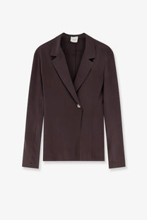 Alysi women’s loose silk blazer choco in dark brown with a minimalist design and subtle sheen